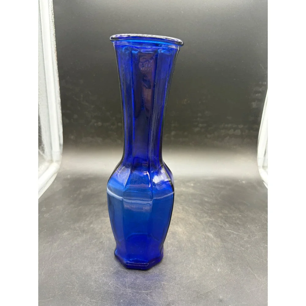 Vintage Cobalt Blue Glass Bud Vase Octagonal Paneled 8.5 Inch Decorative Flower